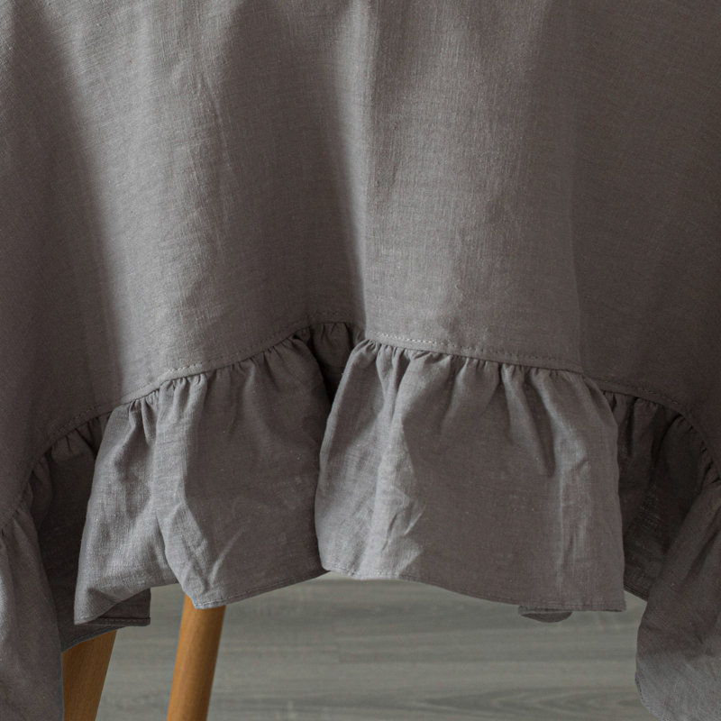 One Allium Way® 100% Pure Linen Washable Tablecloth With Ruffle Trim, 60" X 80" Rectangle Natural, Gray, 70" L x 52" W