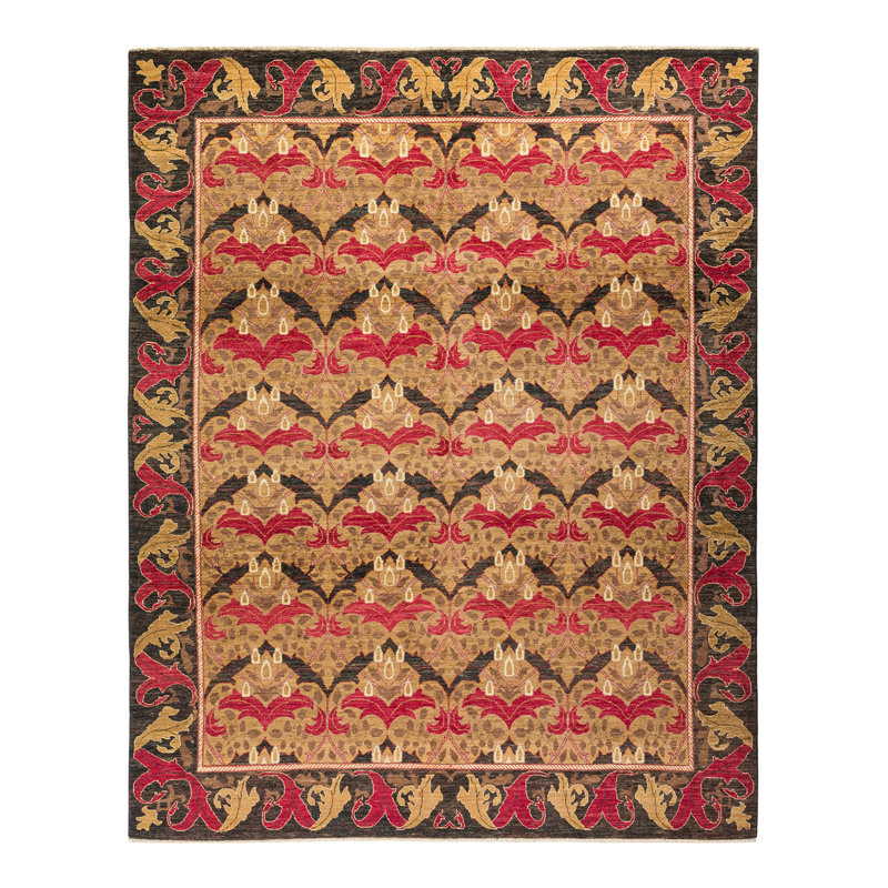 Tapis unique en laine noué à la main de 7 pi 10 po x 9 pi 10 po doré / noir / rose