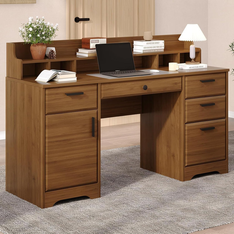 Executive Desk with Hutch, 58 Inch Computer Desk with 5 Drawers, Brown