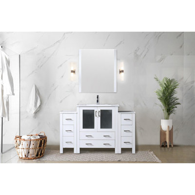 54 In. W X 18.25 D White Bathroom Vanity With Side Cabinets, Single Hole Faucet, Ceramic Top, And 28 Mirror - Scratch Proof Counter Surface, Long Lasting