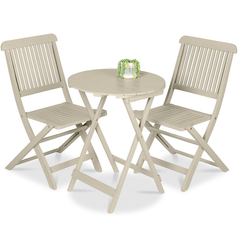 3-Piece Acacia Wood Bistro Set, Folding Patio Furniture W/ 2 Chairs, Table - Cream, Beige