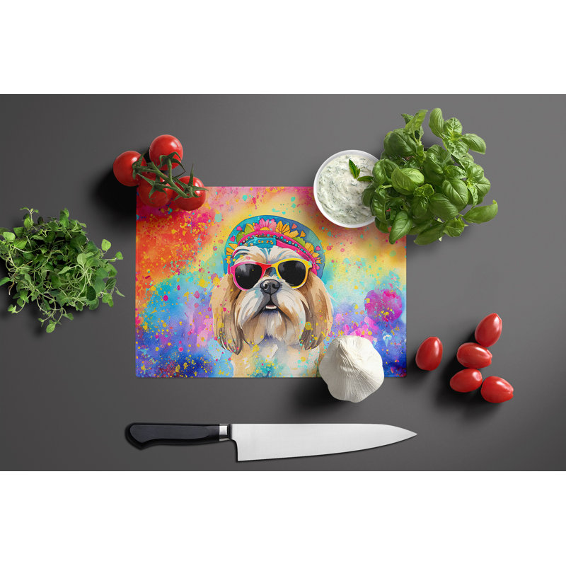 Shih Tzu Hippie Dawg Glass Cutting Board Large