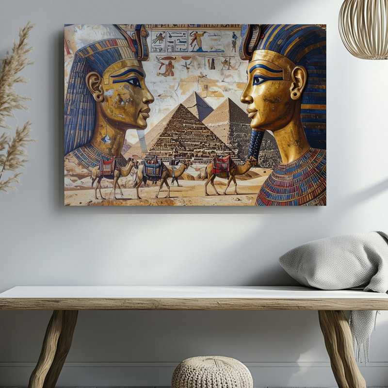 Art antique sur toile, Pharaon antique et Néfertiti, royauté et pyramide, H 20 po x l 20 po
