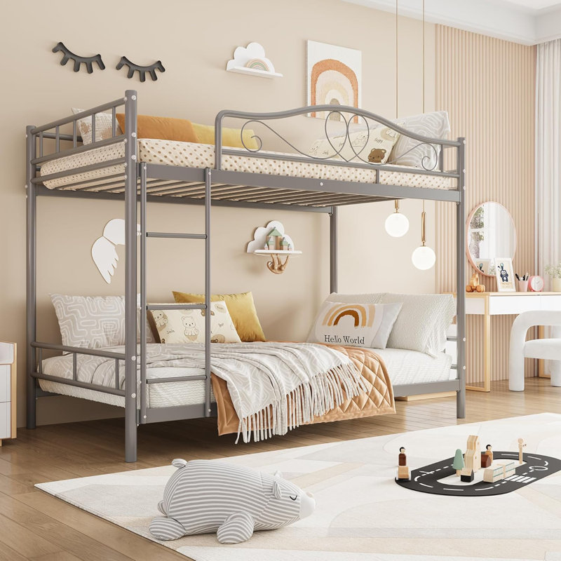 Twin Over Twin Metal Bunk Bed with Ladder & Full Guardrails, 400 lb Capacity, Grey, Gray