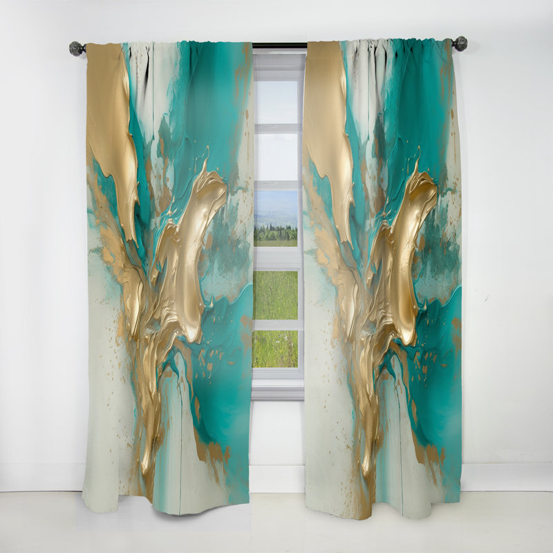 Or et turquoise marbré fluide encre II - rideau en velours moderne - obscurcissant - 1 panneau, L 52 po x L 95 po