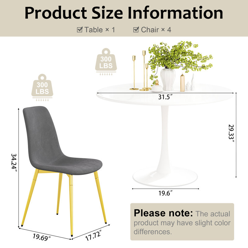 5-Piece Round Metal Pedestal Dining Table With 4 Velvet Dining Chairs, White, Gray/Gold