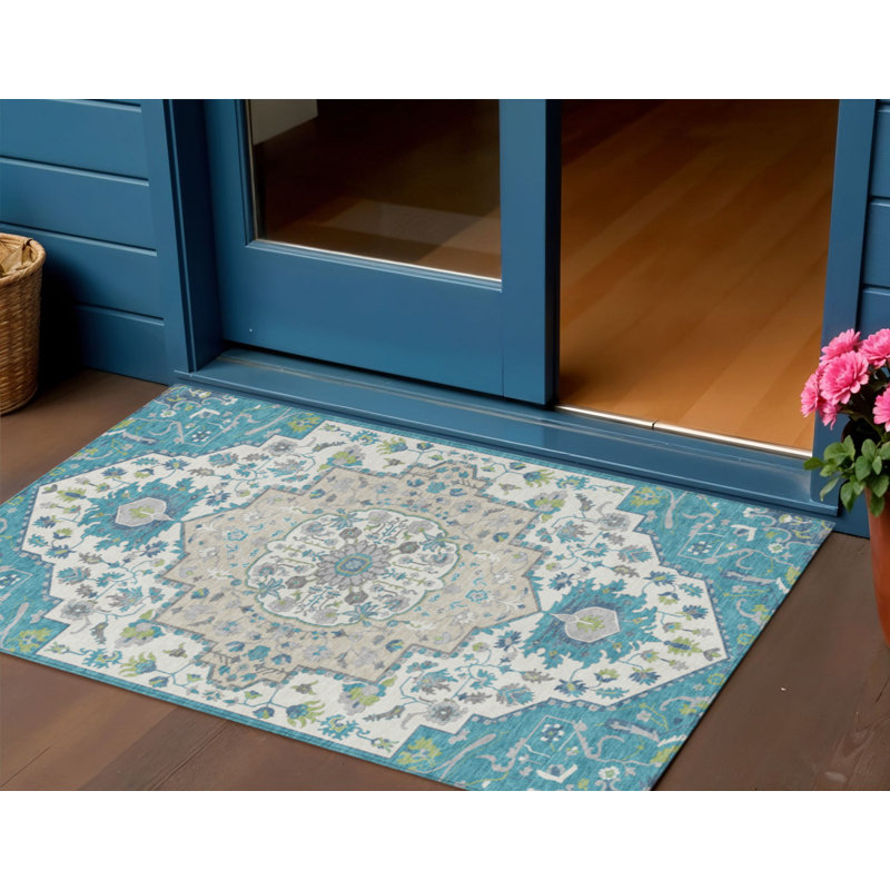 HomeRoots 3' X 5' Teal Blue Oriental Washable Indoor Outdoor Area Rug