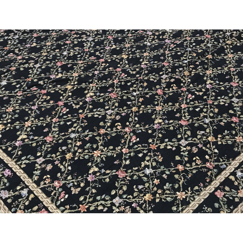 Tapis floral en laine noué à la main noir / vert foncé Needlepoint
