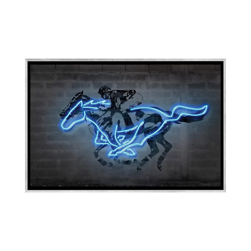 Reproduction d’art, "Mustang" par octave Mielu, Toile avec cadre argenté, Pas de tapis, H 32 po x l 48 po x 1,5 po