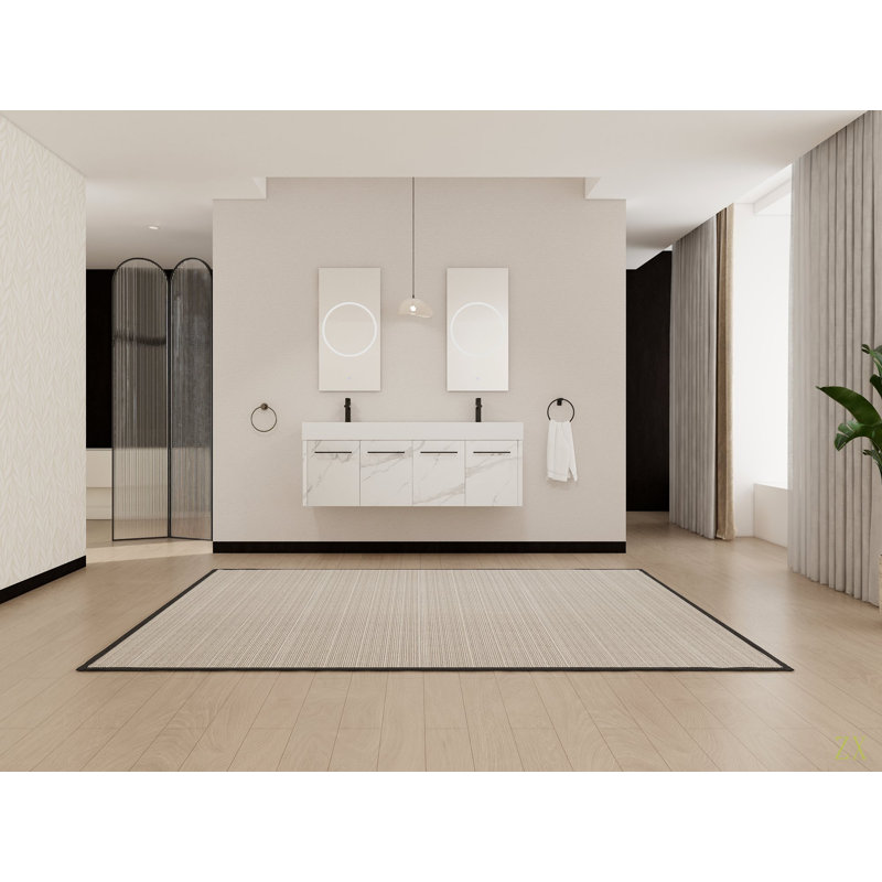 Meuble-lavabo mural de 60 po avec lavabo, lavabo double en résine à rebords épais, ensemble KD, Blanc