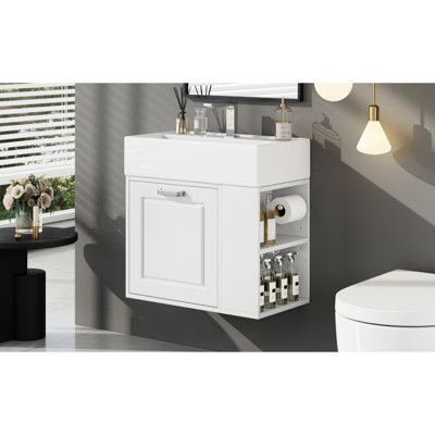 Meuble-lavabo flottant mural de 21,8 po avec lavabo en céramique facile d'entretien, tiroir sous l'évier à fermeture en douceur, 2 tablettes réglables et porte-papier hygiénique, blanc, finition peinte, ensemble tout en un