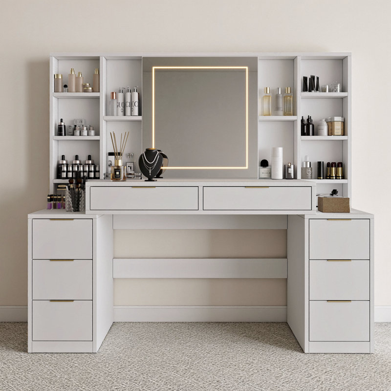 Meuble-lavabo à DEL 59 po - miroir à intensité variable 3 couleurs, 8 tiroirs à fermeture en douceur + tablettes ouvertes, plateau en verre trempé, finition blanc côtier américain