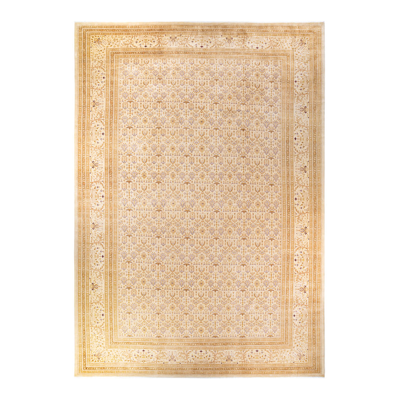 Tapis ivoire traditionnel en laine noué à la main 12 pi 3 po x 18 pi 1 po