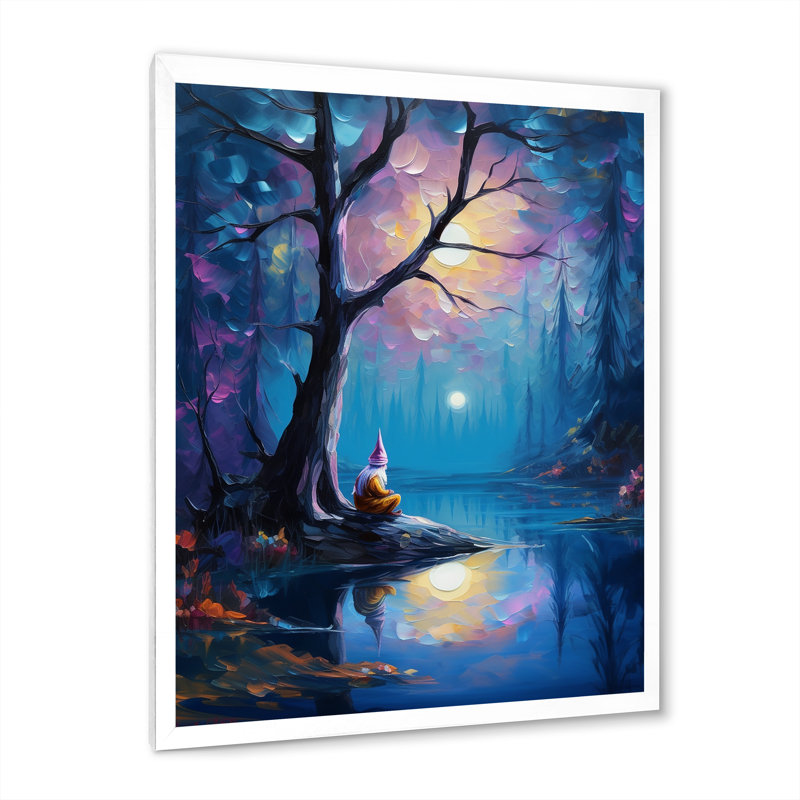 Gnome méditant en pleine lune, forêt magique sur toile, H 32 po x l 16 po x P 1 po, Cadre photo blanc