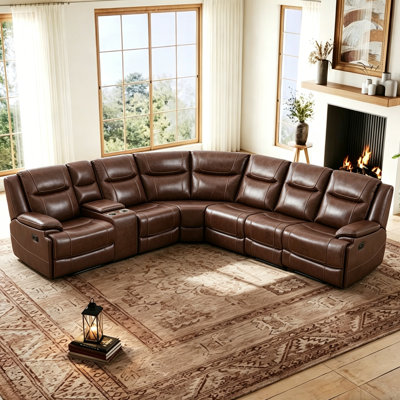 Canapé modulaire inclinable manuel en cuir véritable 7 pièces moderne et contemporain avec console et inclinable double