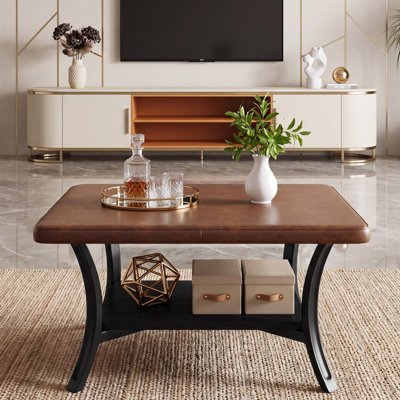 31.5" Square Coffee Table for Living Room, PU Leather Upholstered Ottoman with Storage Shelf, Large Center Table for Apartment, Bedroom, Whiskey Brown & Black