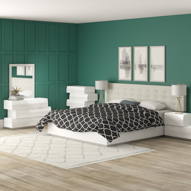 Ensemble de chambre avec tête de lit à panneau capitonné 5 pièces Mcowenen , Très grand lit Eastern