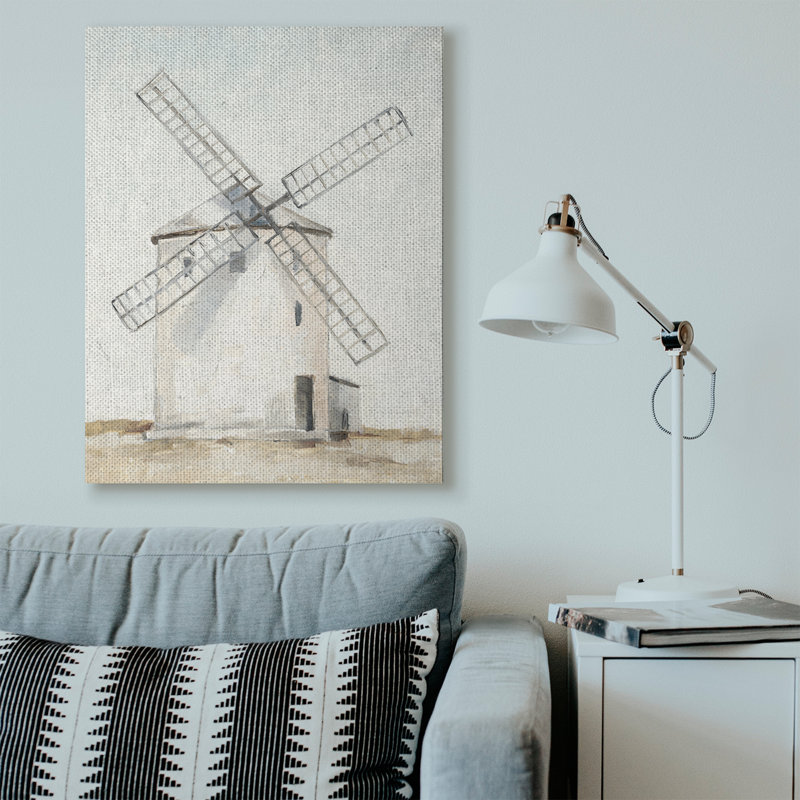 «Windmill Farm Landscape Neutral Blue Brown» par Ethan Harper - reproduction d'art, H 48 po x l 36 po, Toile tendue