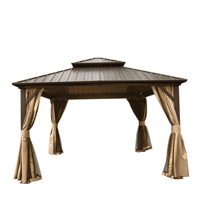 Pavillon de jardin à toit rigide de 12 pi x 12 pi, pavillon en métal d'aluminium avec double toit en acier galvanisé, rideau et filet, pavillon de pavillon de jardin permanent pour les fêtes, les mariages et les repas en plein air