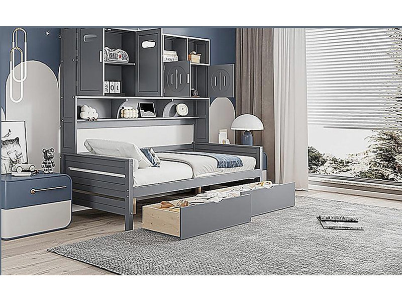 Lit de jour en bois avec tiroir et garde-robe et tablettes intégrés, Gris, Lit simple
