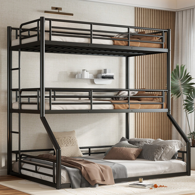 Auzie Metal Triple Bunk Bed With Safety Guardrails And Noise-Reducing Design, Black