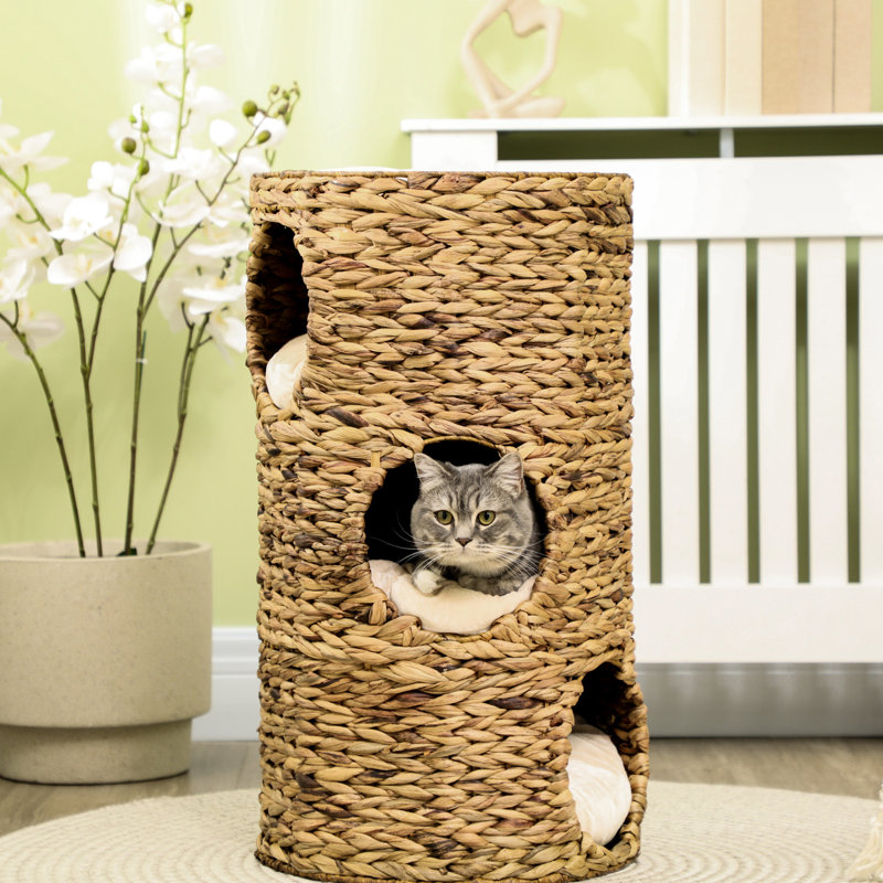 Lit pour chat surélevé à couches multiples avec trois zones cachées et quatre coussins - Tour tissée à la main pour chats d'intérieur Grottes à chaton