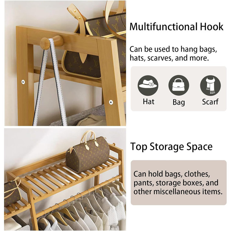 Nardine Bamboo Luxury 75" W Garment Rack Storage Shelf Coat Clothes Hanging Rack, Nature