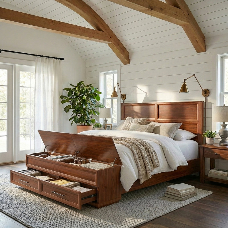 Lit plateforme avec rangement en bois avec 2 tiroirs et 2 compartiments de rangement au pied du lit, Très grand, Noyer