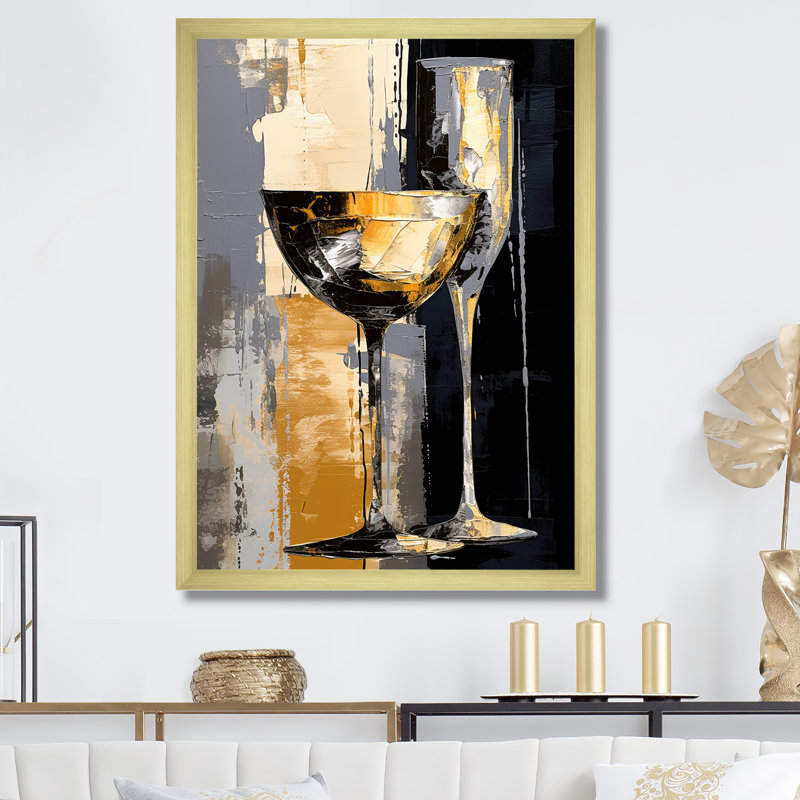Champagne Collage avec verres - Champagne, art mural, H 20 po x l 12 po x P 1 po, Cadre doré simple