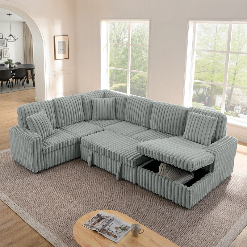 Canapé rembourré en velours Corduroy, canapé combiné en forme de U moderne et minimaliste, lit escamotable et méridienne de rangement, canapé souple - gris (assemblage requis)