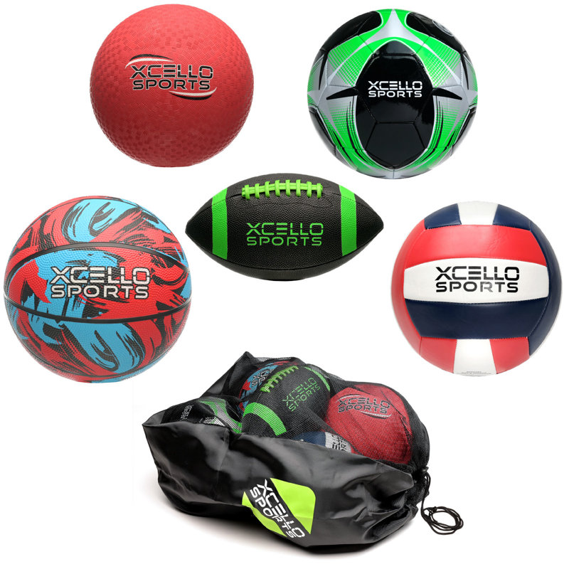 Xcello Sports 5-Ball Set - Jr. Football, Basketball, S5 Soccer Ball, Volleyball, Kickball with Pump