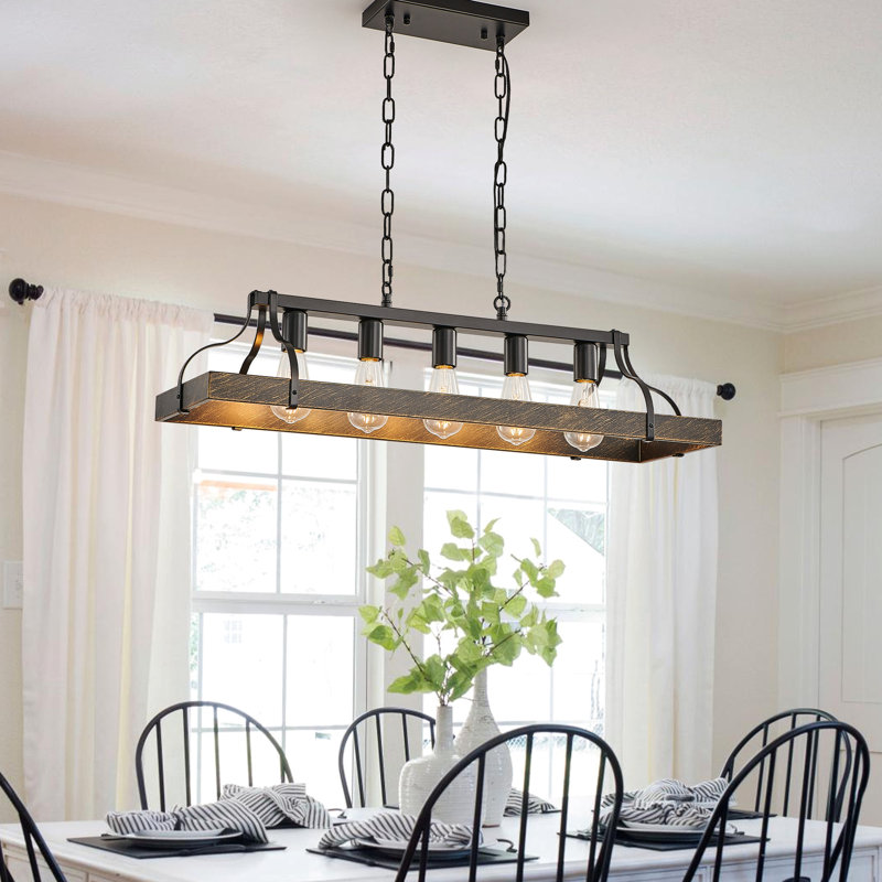 Luminaire suspendu 34 po en or noir pour la cuisine - 5 douilles d'ampoule E26, hauteur de chaîne réglable, douille suspendue de style rétro, salle à manger, îlot, espace de vie