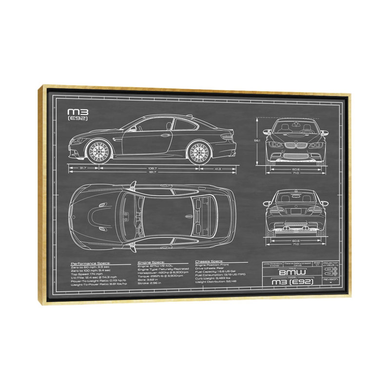 BMW M3 (l) noir-imprimé de dessin, Pas de tapis, H 32 po x l 48 po x 1,5 po, Toile encadrée d'or