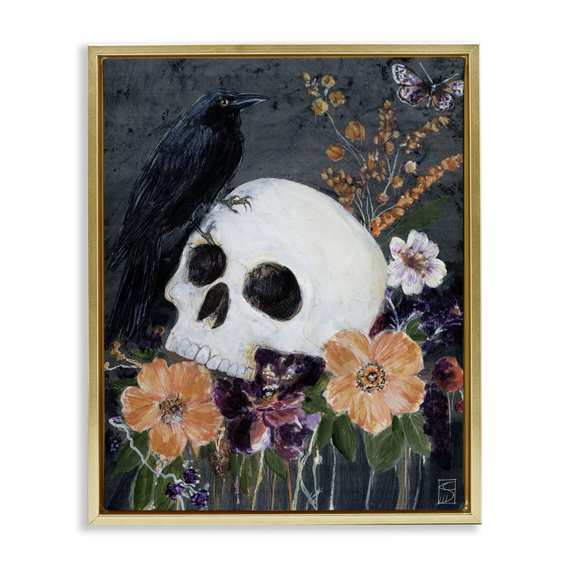 Cadre d'Halloween avec fleurs et crâne flottant, design par Sara Culpepper, H 31 po x l 25 po, Cadre flottant métallique doré
