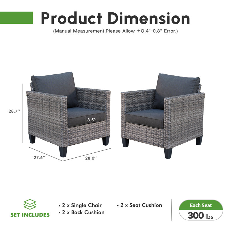 Chaises d'extérieur en osier 2 places Allcot pour 2 personnes avec coussins confortables, Noir, noir, noir, noir