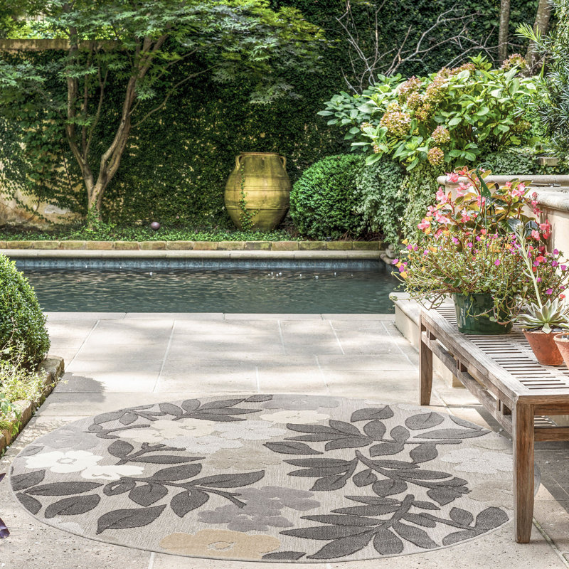 Tapis d'extérieur résistants à l'eau à motif floral tissés à plat pour patio, terrasse, porche ou entrée, Rond 5 pi 3 po