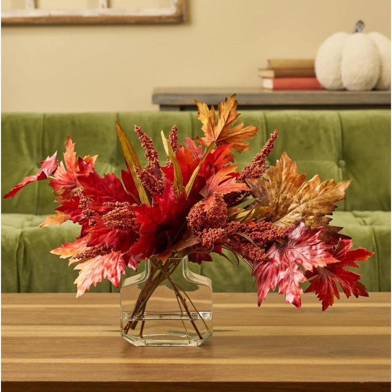 Mixed Fall Brown & Burgundy Red Maple Leaf & Rust Astilbe in Factice Vase Floral Water Illusion Arrangement