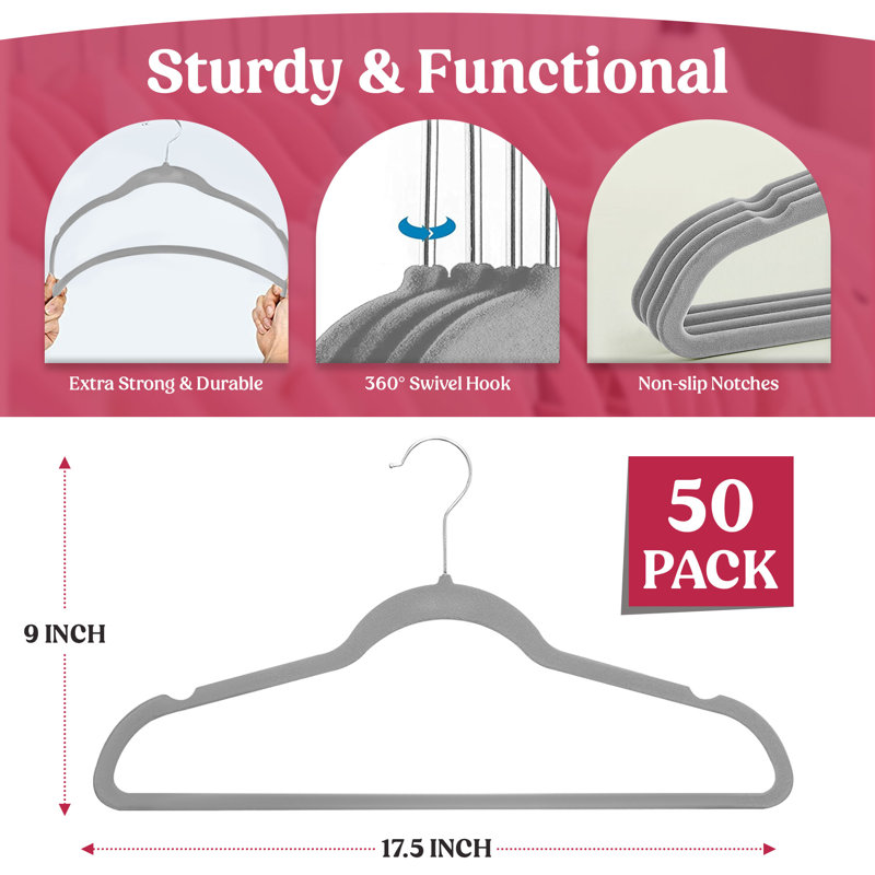  Non-Slip Plastic Velvet Hanger Packs - Heavy Duty Felt Hangers with Stainless Steel Swivel Hooks, Gray, 50