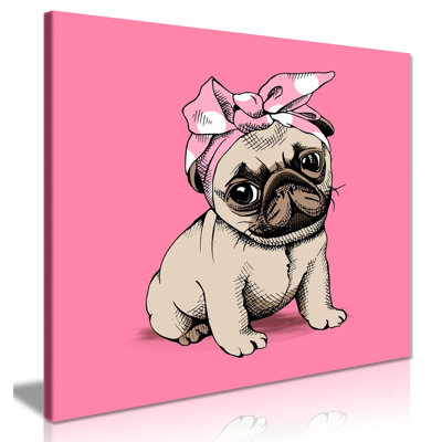 Puppy Pug In A Headband On Pink Background - Wrapped Canvas Print