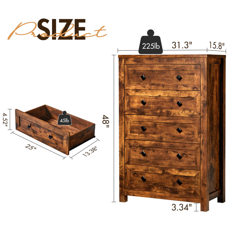 Arlina Farmhouse 5 - Drawer Chest,Rustic Brown, Rustic Brown
