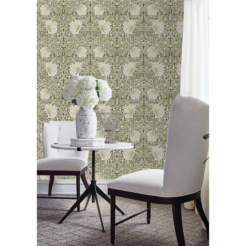 Papier peint floral rétro vert, jaune, botanique, sauge, vert / jaune, décorations murales de cuisine pour la maison, par William Morris 17,7 po x 6,6 pi