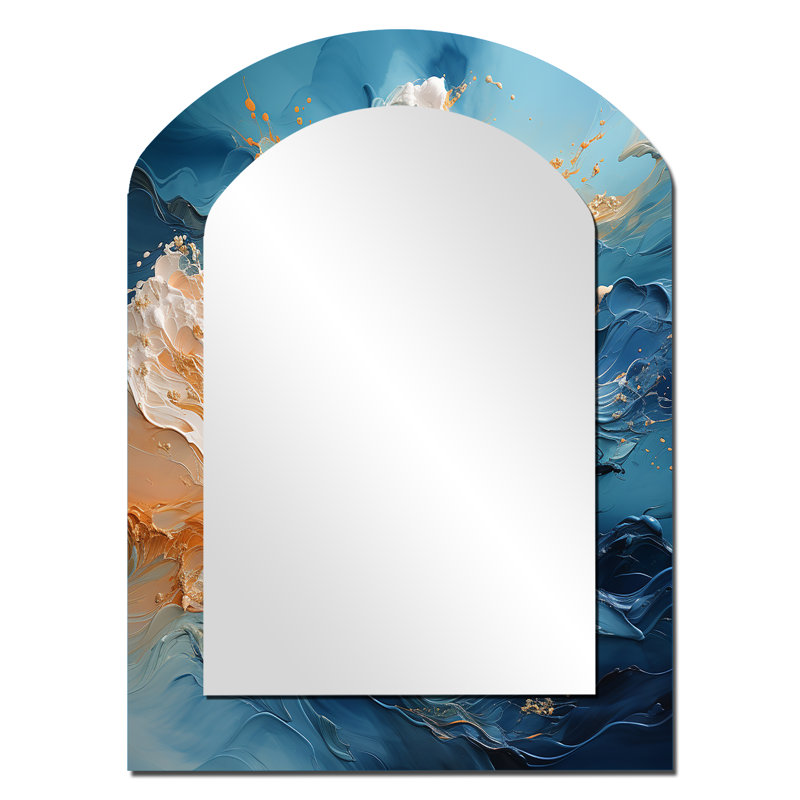 Blue Storms Charm Vivid Liquid Art - Large Arched Wall Mirror On Metal, 34" x 25"