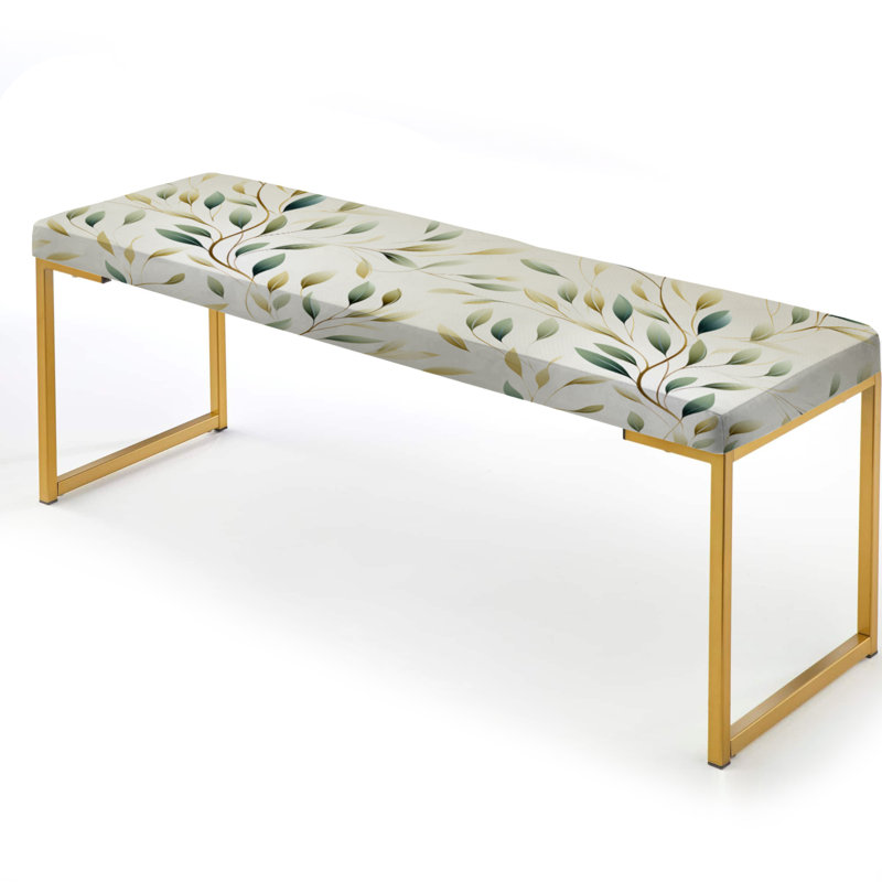 Floral Upholstered Gold Bench, Minimalist Leaves Plants Floral