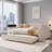 Warm Beige Full Size Upholstered Platform Daybed, Sleeper Bed with Trundle, Teddy Fleece Upholstery with Storage and Bluetooth Audio