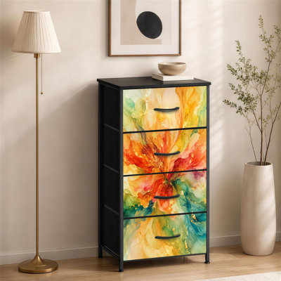 Commode à 4 tiroirs pour chambre à coucher Aquarelle abstraite éclatante aux couleurs vives et aux accents dorés Petite commode pour vêtements
