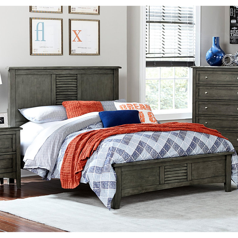 Full Size Transitional Bed With Decorative Gray Louvered Panel In Headboard And Design