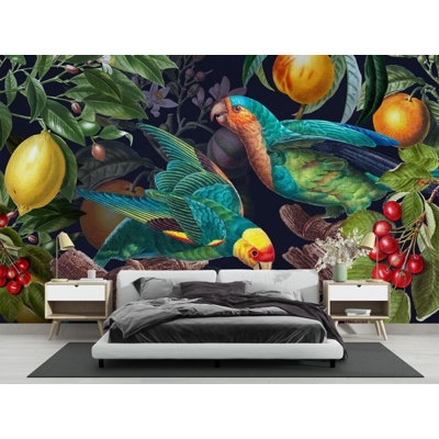 Colorful Tropical Parrots Exotic Fruit Jungle Leaves Botanical Nature Wall Mural