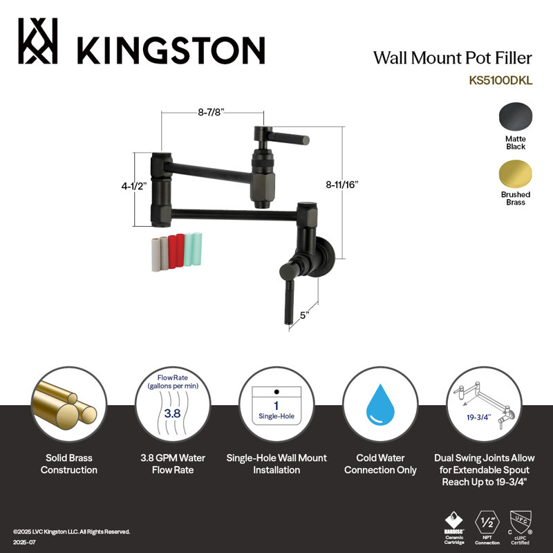 Kingston Brass Kaiser Two-Handle 1-Hole Wall Mount Pot Filler Faucet, Brushed Brass