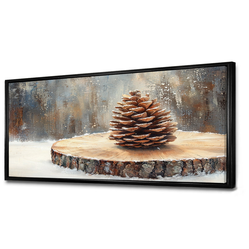 Pinecone In A Winter On A Wood Slide - Pinecone Wall Art, 28" H x 60" W, Cadre flottant noir