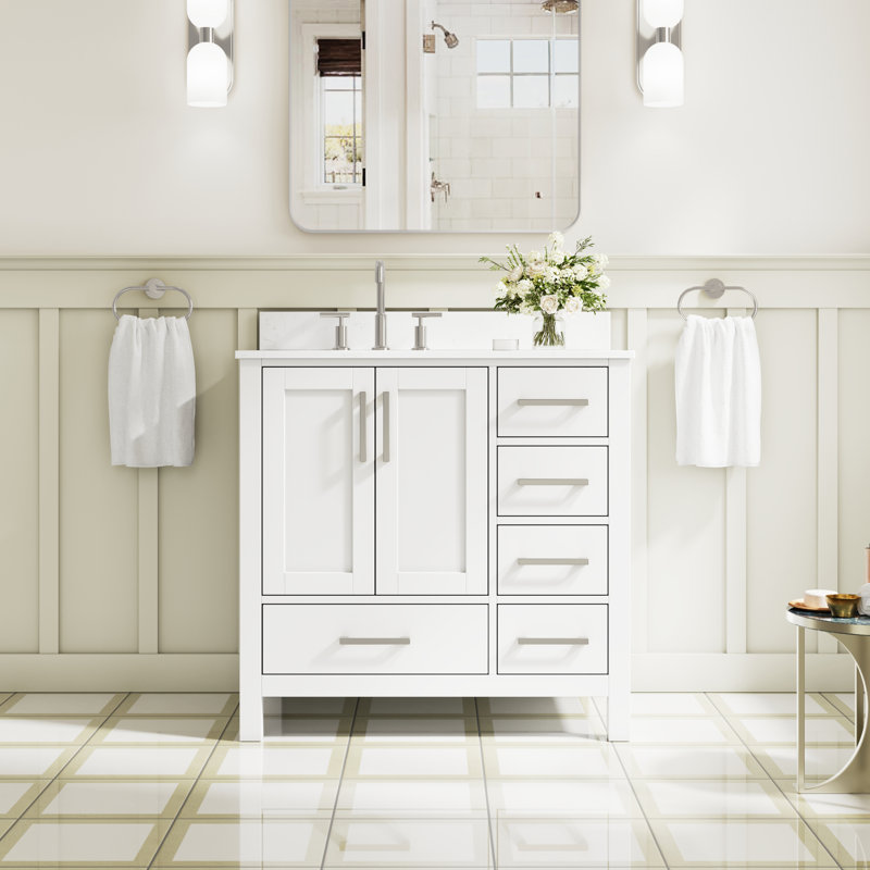 Freestanding 36" W x 35" H Solid Wood Bathroom Vanity With Carrara White Cultured Marble Countertop And Ceramic Single Sink,White